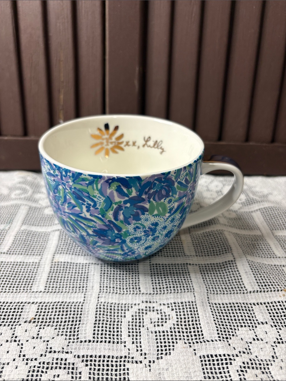 Lilly Pulitzer Blue and Green Floral Ceramic Mug with Gold Accent